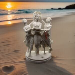 Greek Mythology “The Three Graces” Hand Carved Greek 9.25” Alabaster Sculpture